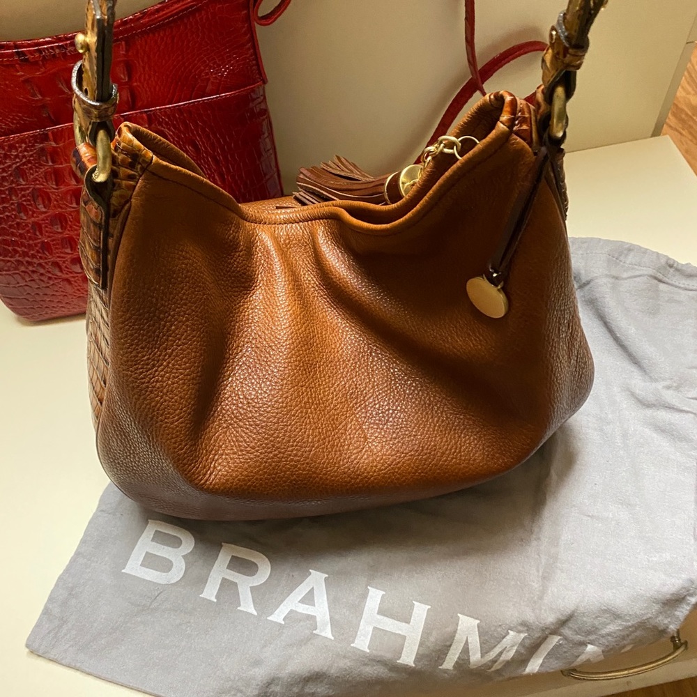 BRAHMIN Brown Leather Snake Print Tassel Hand Bag